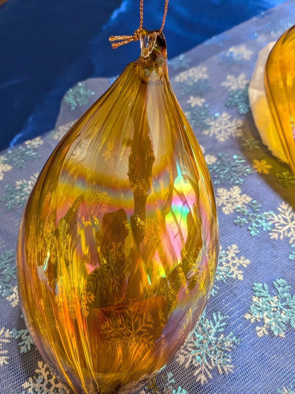 Large Amber Iridescent Art Glass Teardrop Ornament Set Of 2  6-7